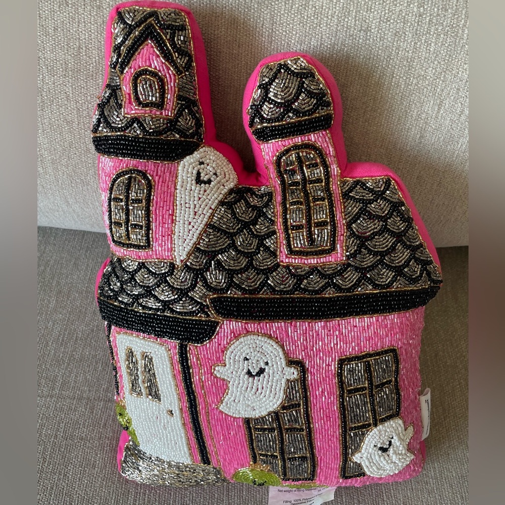 Pink Beaded Halloween House Pillow